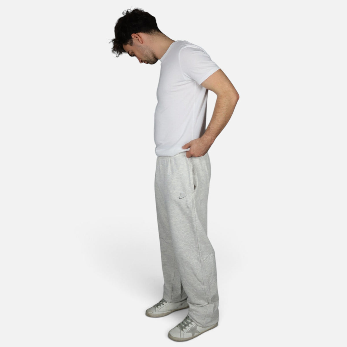 Early 90s Nike baggy sweatpants in grey marl, made in Greece — worn