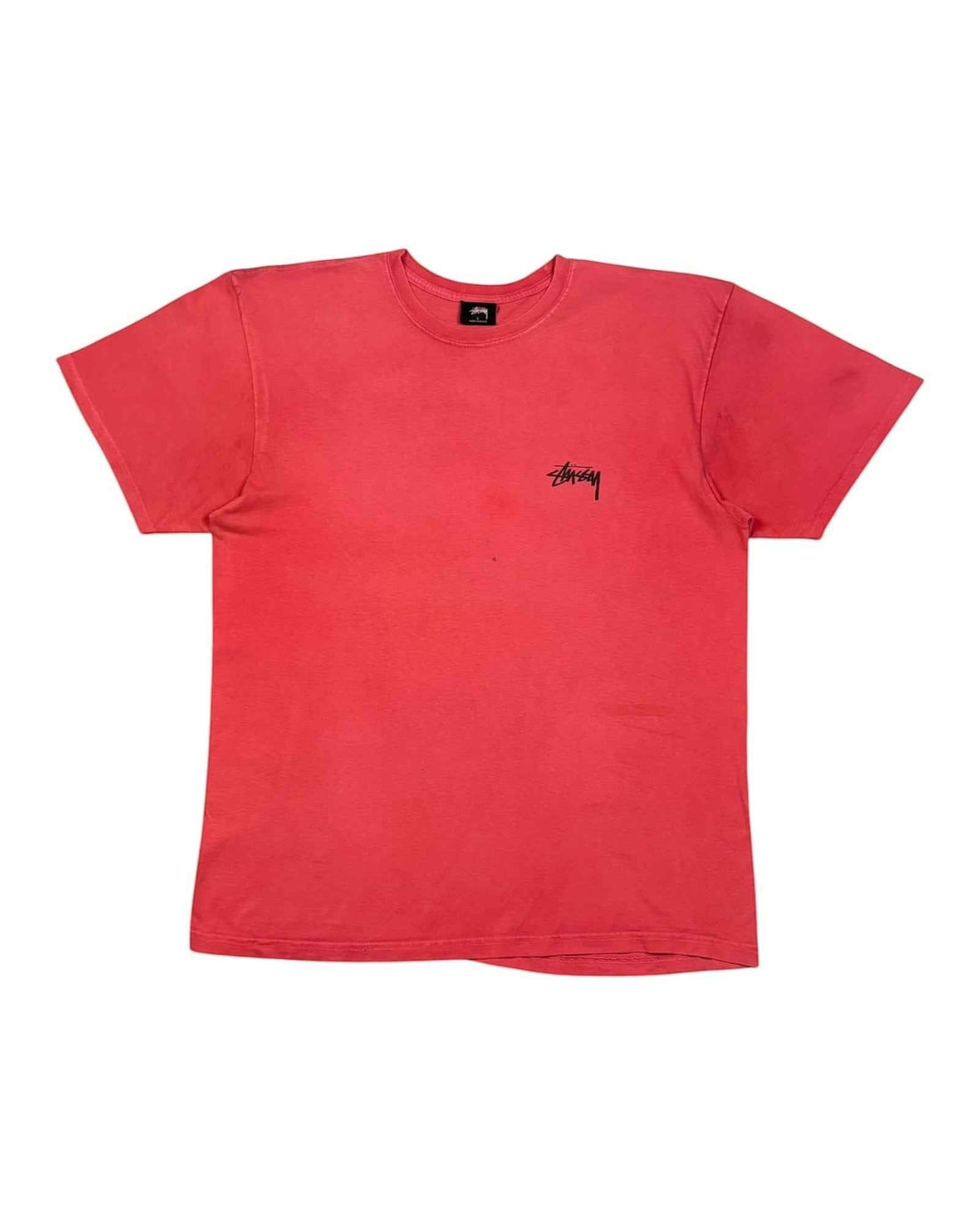 Gods Thrift Athens coral red cotton t-shirt with black Stussy 8 ball graphic. Size L.