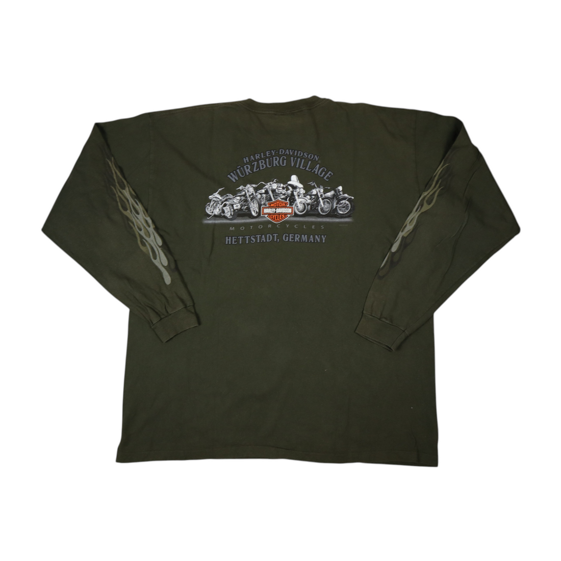 Gods Thrift Athens vintage khaki Harley-Davidson long sleeve pocket t-shirt with flame graphics on the sleeves