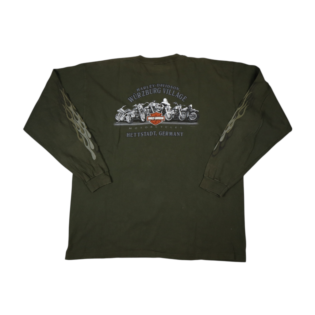 Gods Thrift Athens vintage khaki Harley-Davidson Germany long sleeve tee with back flame graphics and chest pocket