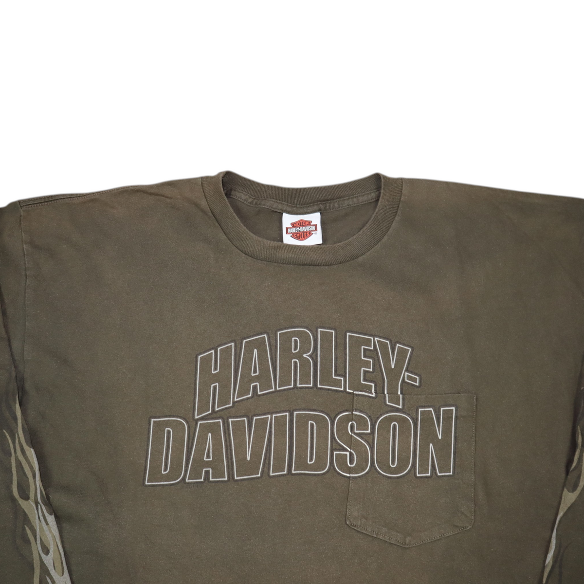 Gods Thrift Athens vintage khaki Harley-Davidson long sleeve pocket t-shirt with flame graphics