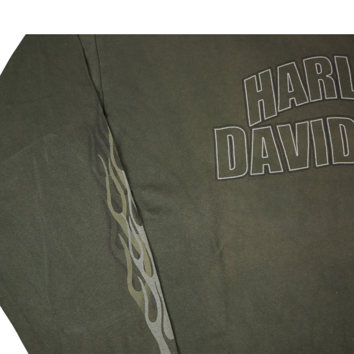 Gods Thrift Athens vintage khaki Harley-Davidson long sleeve t-shirt with flame graphics on the sleeve