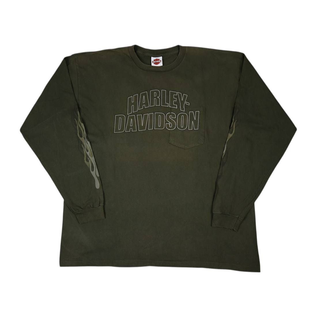 Gods Thrift Athens vintage khaki Harley-Davidson long sleeve pocket t-shirt with flame graphics on the sleeves