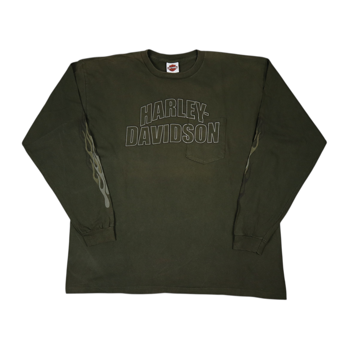 Gods Thrift Athens vintage khaki Harley-Davidson long sleeve pocket t-shirt with flame graphics on the sleeves