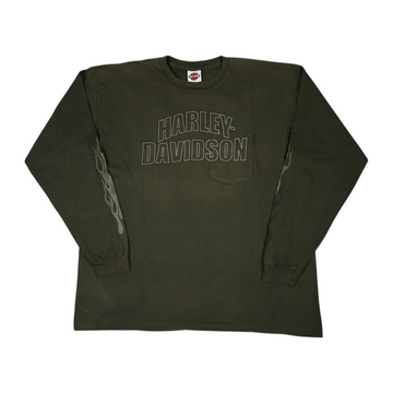 Gods Thrift Athens vintage khaki Harley-Davidson long sleeve pocket t-shirt with flame graphics on the sleeves