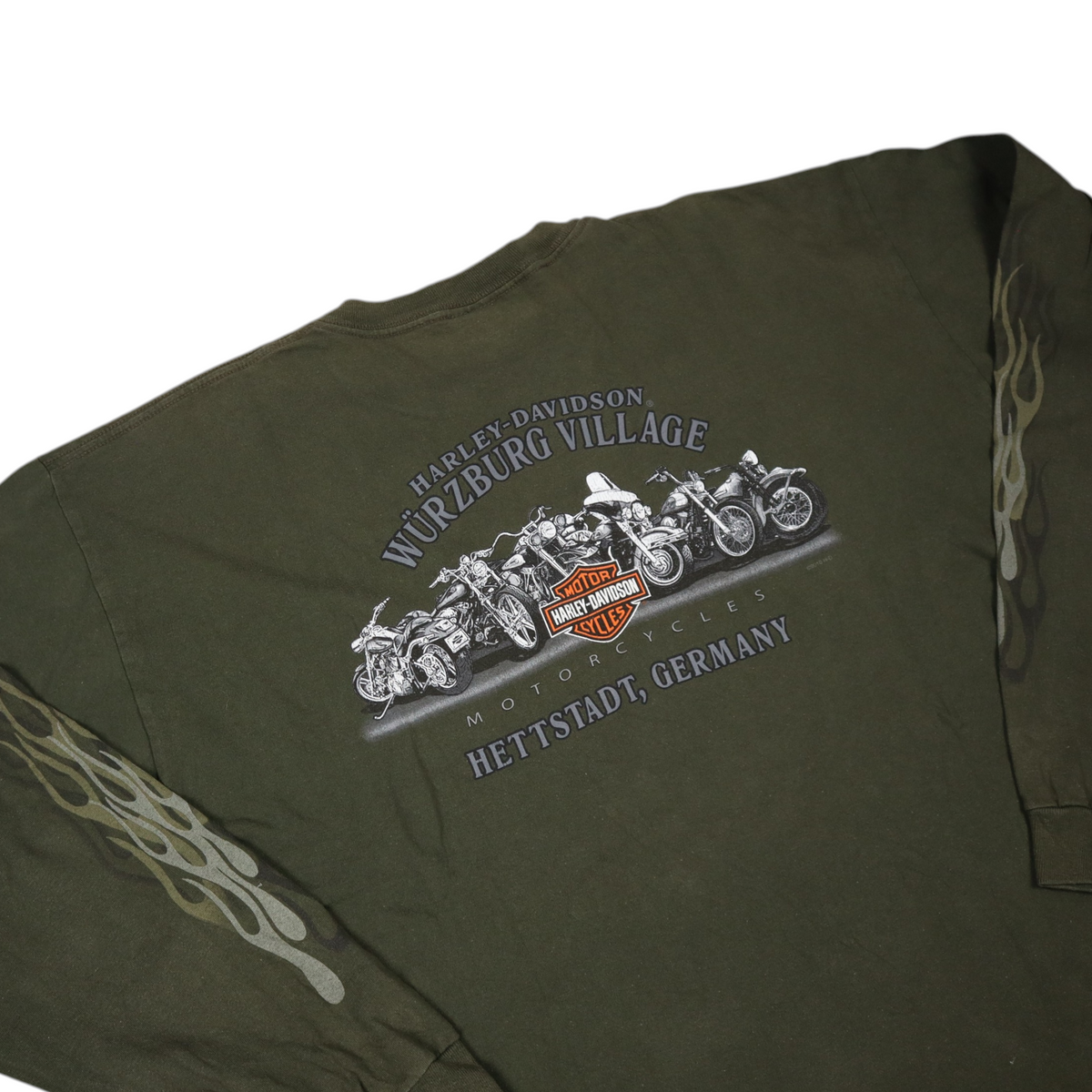 Gods Thrift Athens vintage khaki Harley-Davidson long sleeve t-shirt with flame sleeve graphics and Germany print