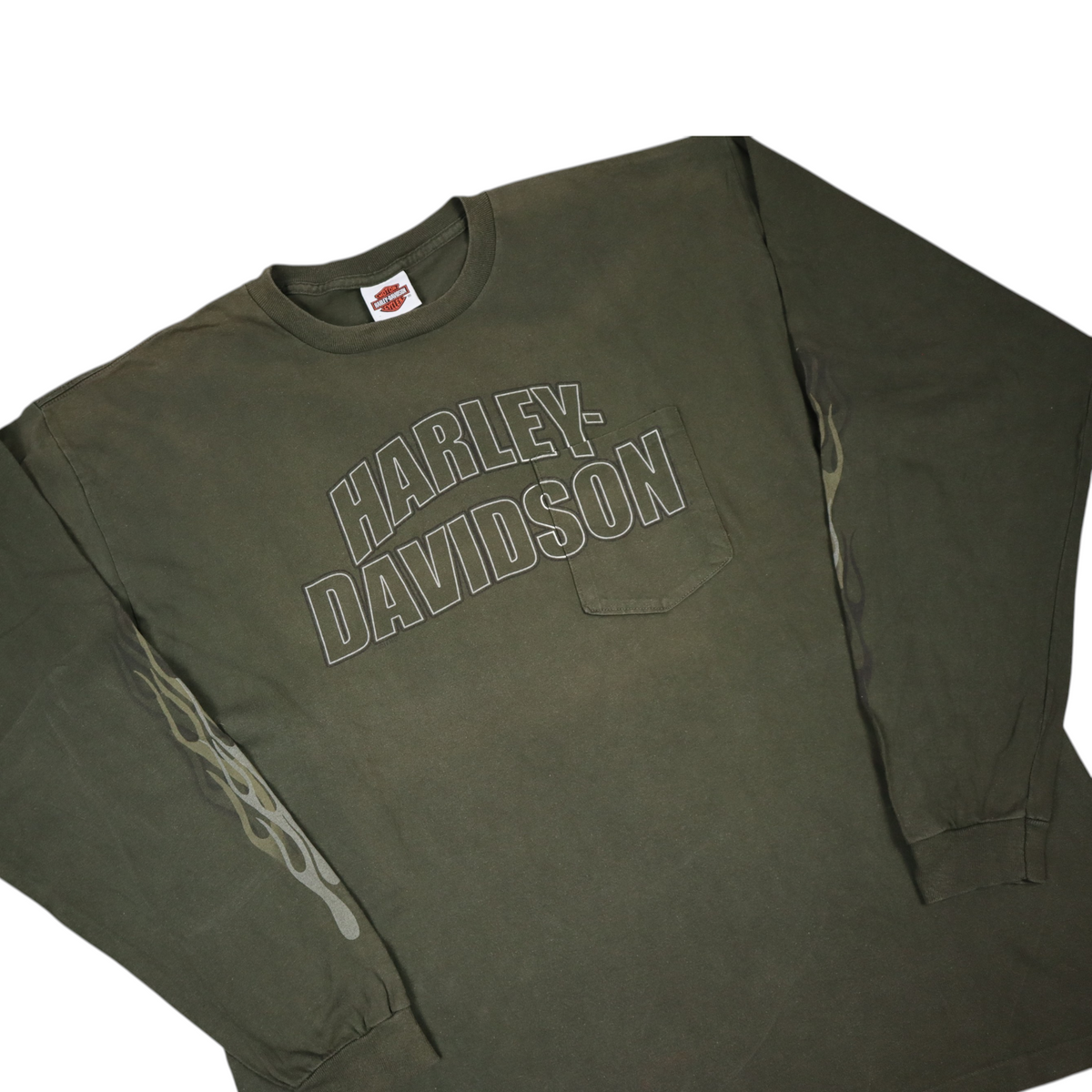 Gods Thrift Athens vintage khaki Harley-Davidson long sleeve pocket tee with flame graphics on sleeves