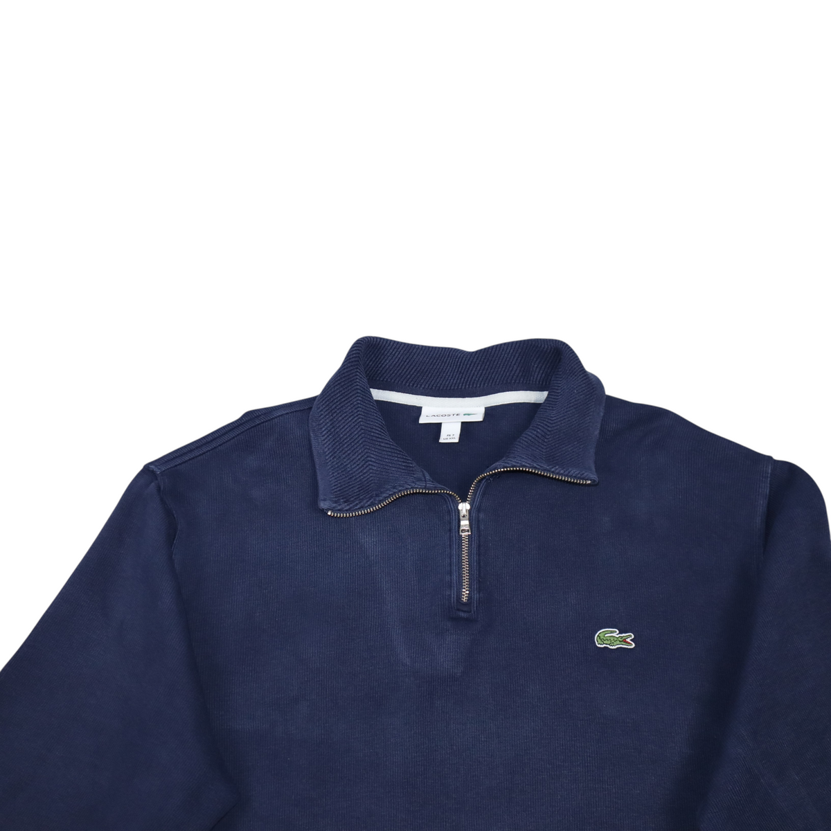 Gods Thrift Athens navy blue Lacoste quarter zip sweatshirt with ribbed collar and iconic green crocodile logo
