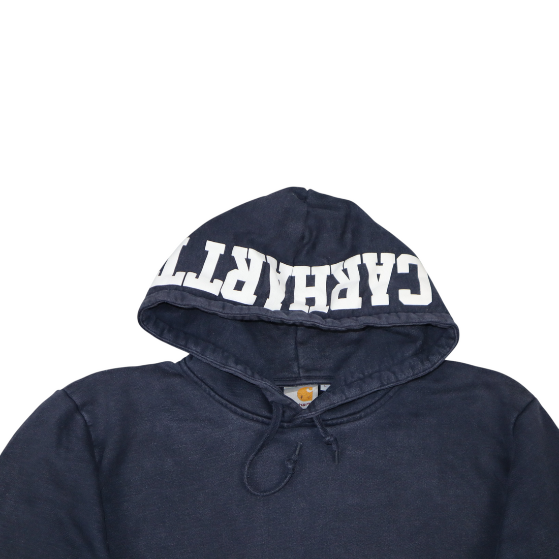 Gods Thrift Athens vintage navy blue heavyweight Carhartt hoodie with white logo print on the hood