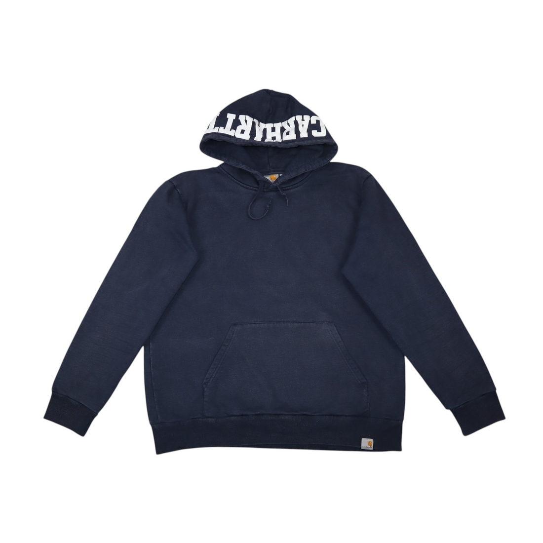 Gods Thrift Athens vintage navy blue heavyweight Carhartt hoodie with white logo print on the hood