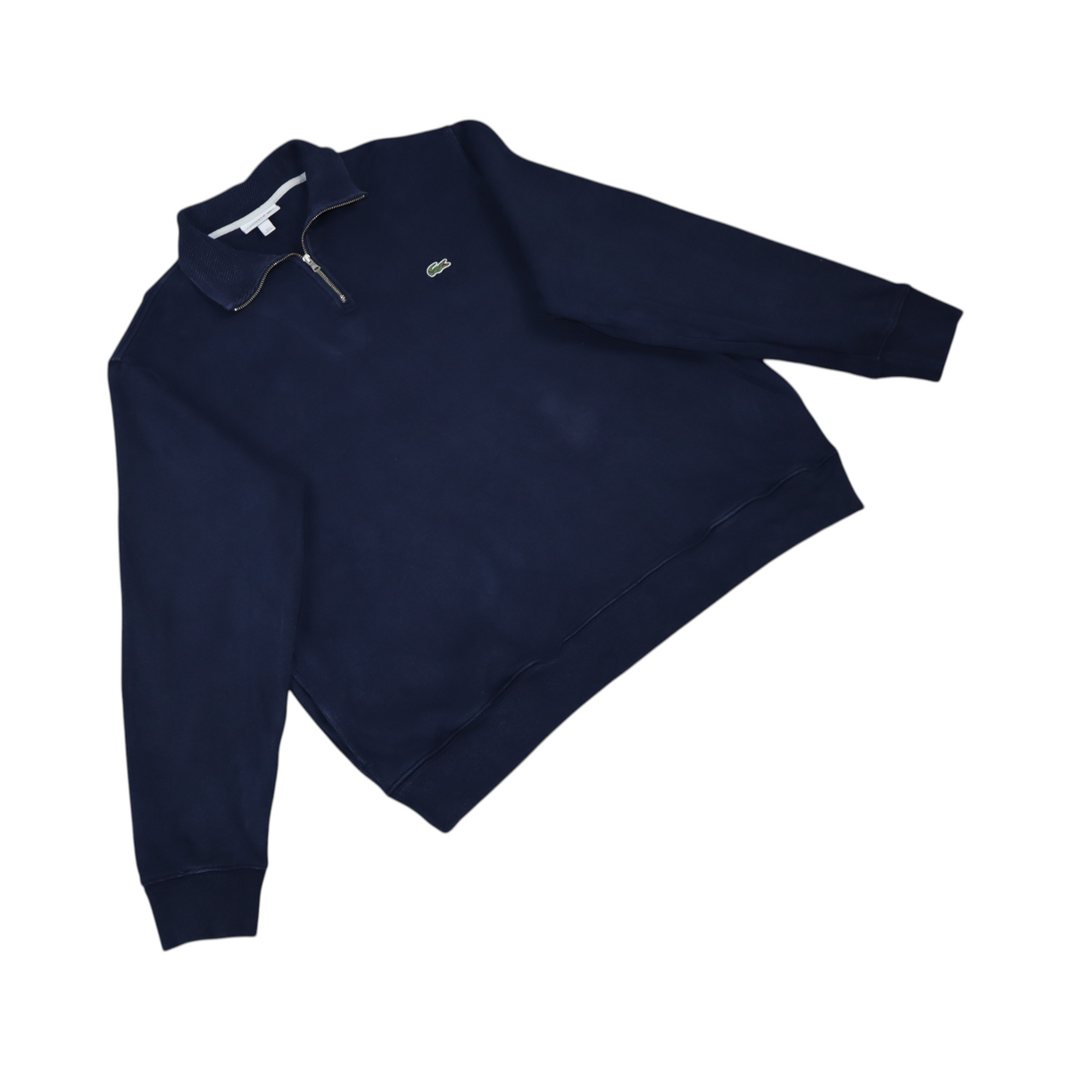 Gods Thrift Athens navy blue Lacoste quarter zip sweatshirt with a relaxed fit and iconic crocodile logo.
