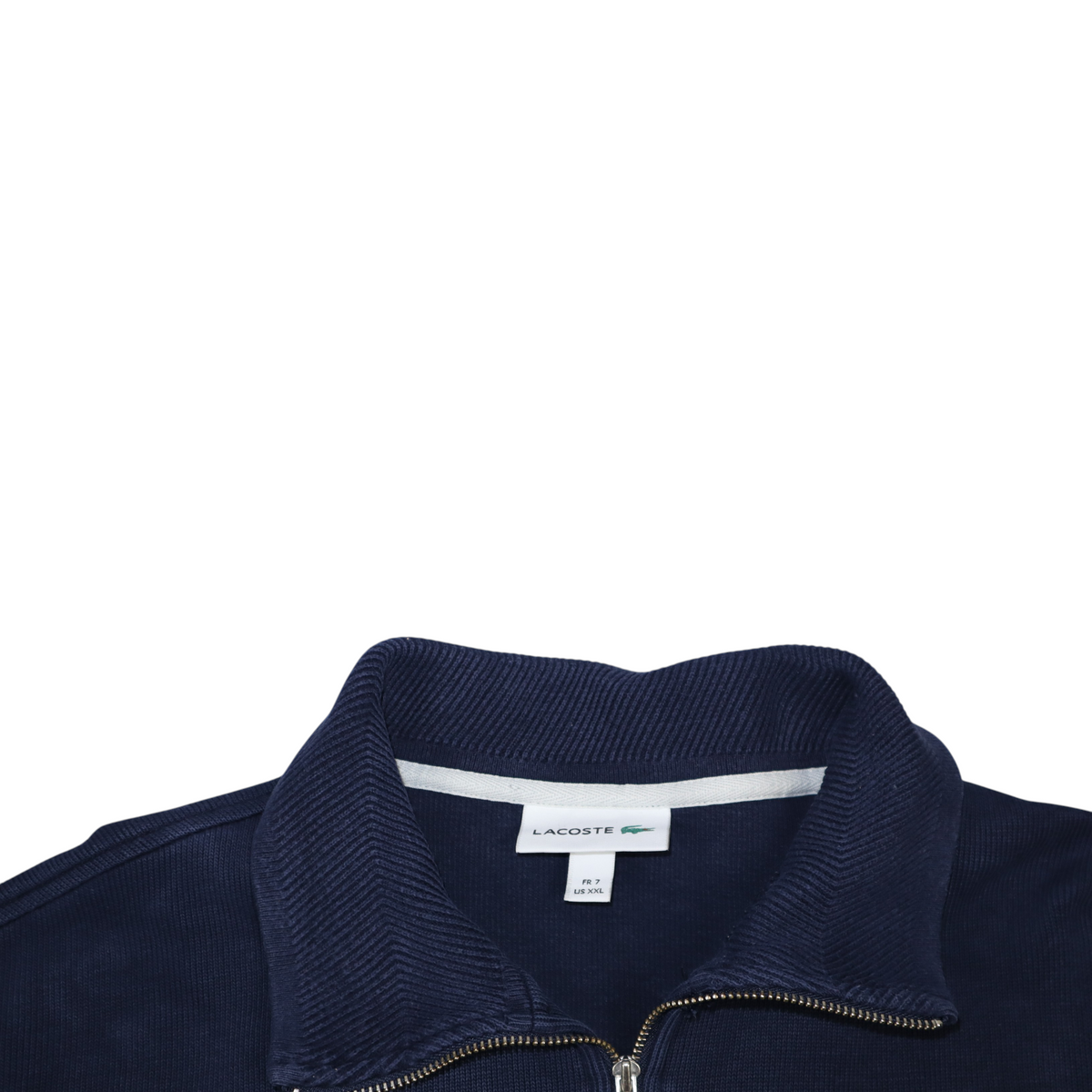 Gods Thrift Athens navy blue Lacoste quarter zip sweatshirt with ribbed collar and metal zipper detail