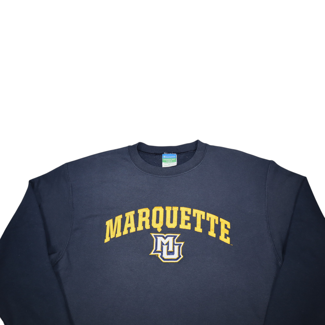 Gods Thrift Athens vintage navy blue Champion crewneck sweatshirt with yellow Marquette University lettering