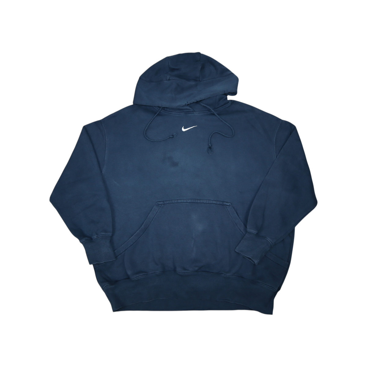 Gods Thrift Athens vintage 2010s navy blue Nike hoodie featuring a small white centre swoosh logo on the chest.