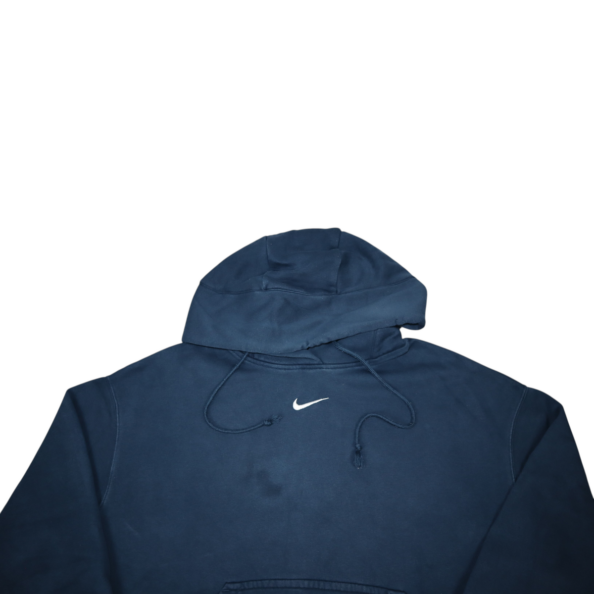 Gods Thrift Athens vintage 2010s navy blue Nike hoodie featuring a small white centre swoosh logo on the chest