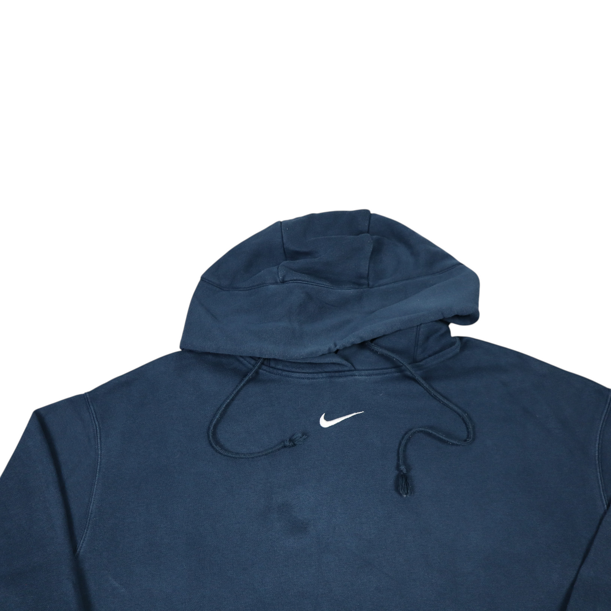 Gods Thrift Athens vintage navy blue Nike hoodie with a white embroidered centre swoosh logo on the chest