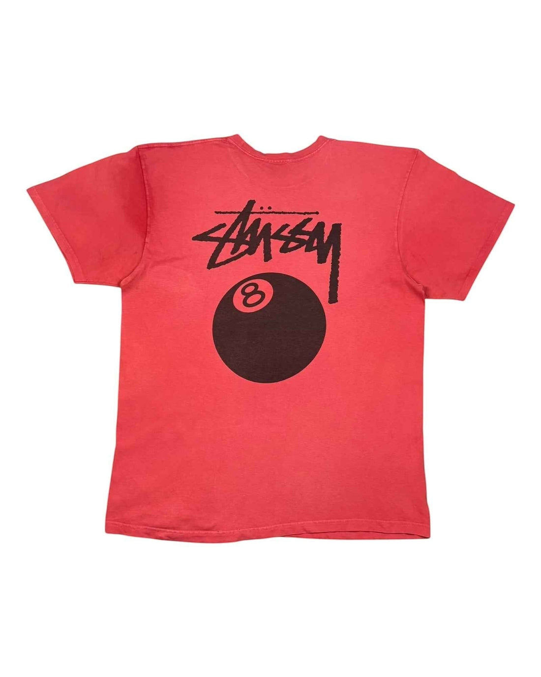 Gods Thrift Athens coral red cotton t-shirt with black Stussy 8 ball graphic. Size L.