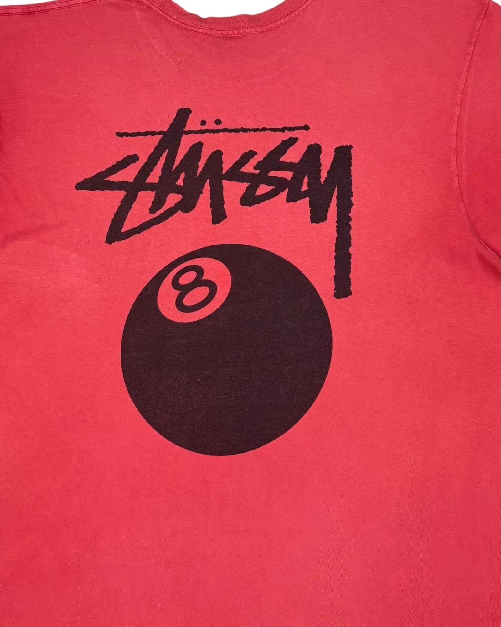 Gods Thrift Athens: Vintage 00s Stussy 8 Ball T-shirt in coral red cotton. Features iconic 8 ball graphic.