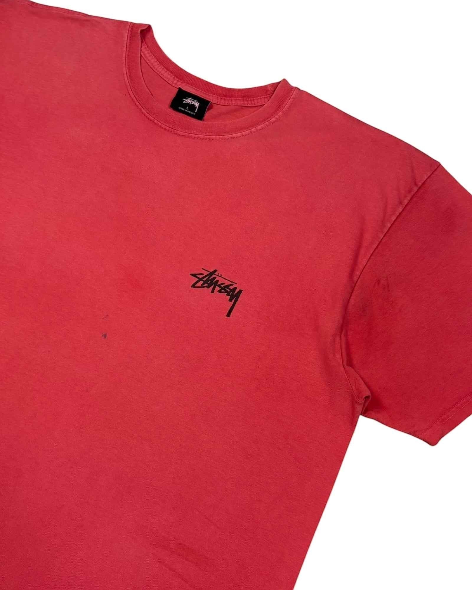 Gods Thrift Athens vintage 00s Stussy 8 Ball T-shirt in coral red cotton. Features iconic graphic and Stussy logo.