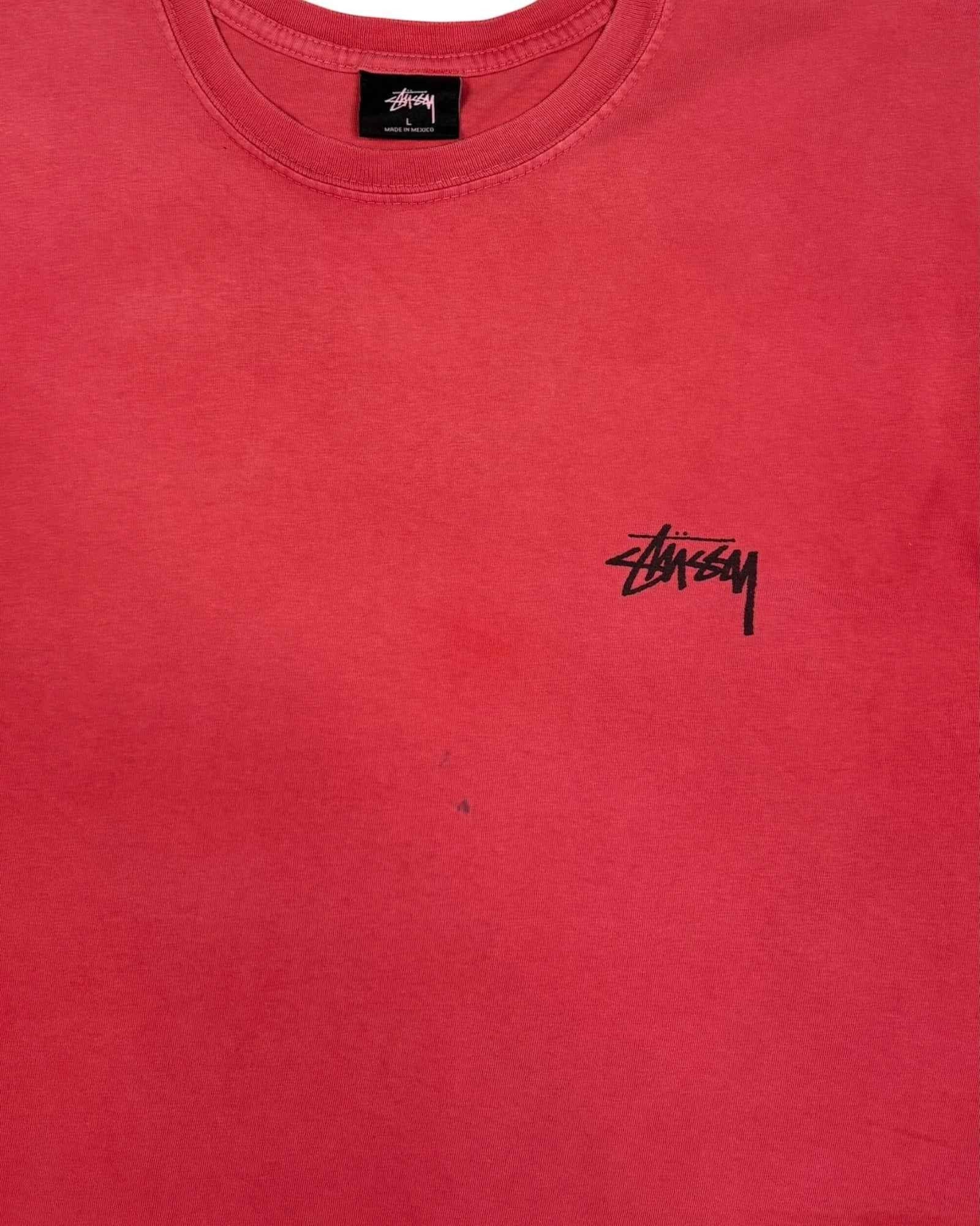 Gods Thrift Athens vintage 00s Stussy 8 Ball T-shirt in coral red cotton. Features iconic 8 ball graphic and Stussy logo.
