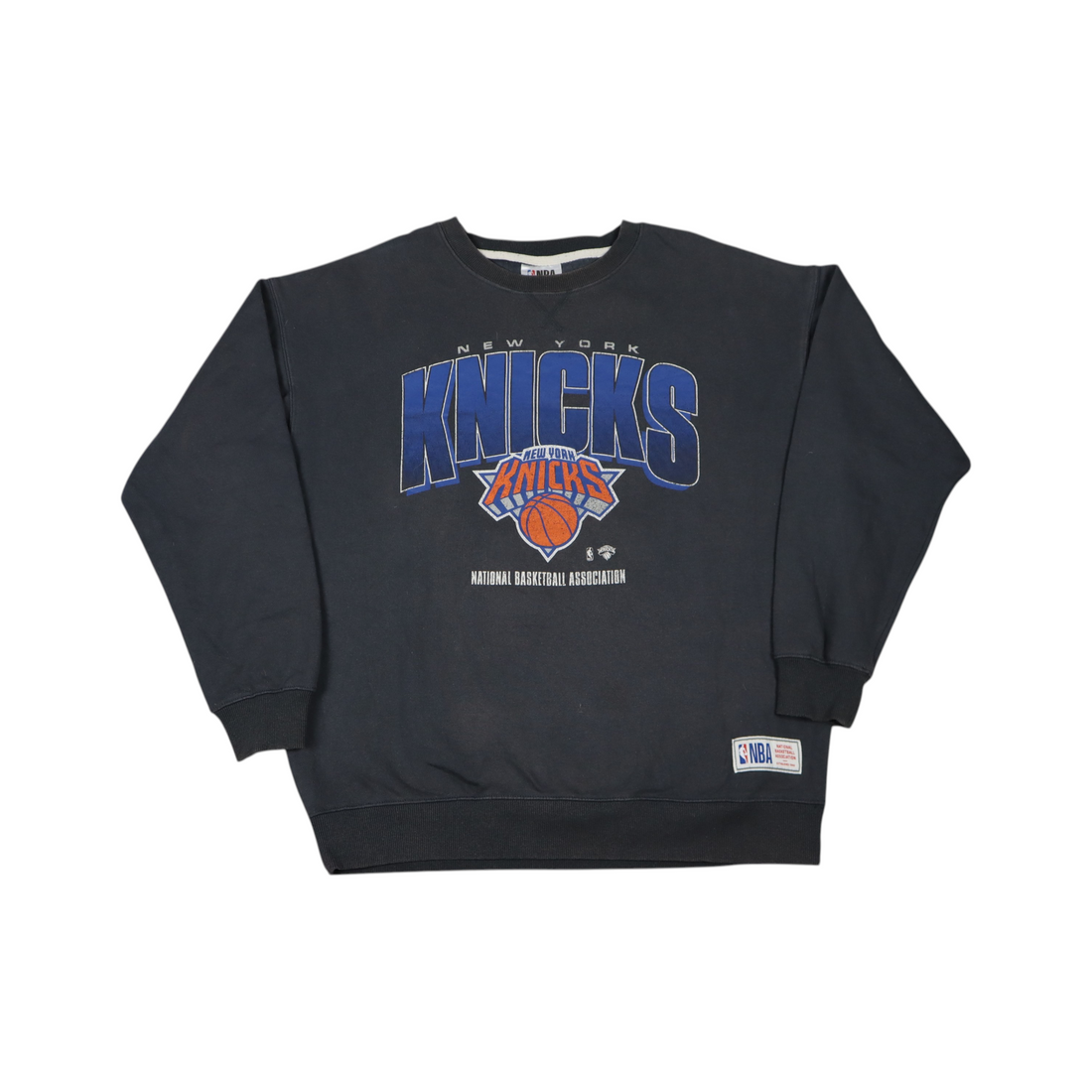 Gods Thrift Athens vintage dark grey New York Knicks crewneck sweatshirt with heritage team logo and NBA branding.