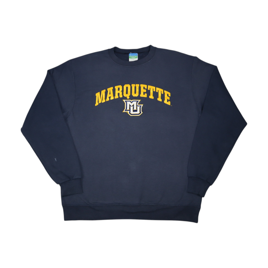 Gods Thrift Athens vintage navy blue Champion crewneck sweatshirt with yellow Marquette University lettering