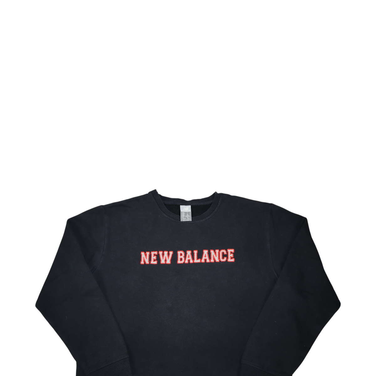 Gods Thrift Athens vintage 2000s black New Balance crewneck sweatshirt with red and white embroidered spell-out logo