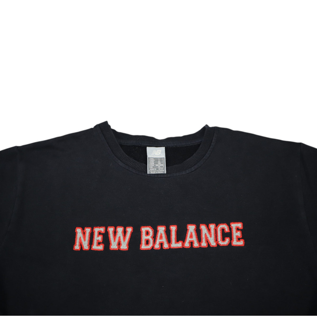 Gods Thrift Athens vintage 2000s black New Balance crewneck sweatshirt with orange and white embroidered spell-out logo