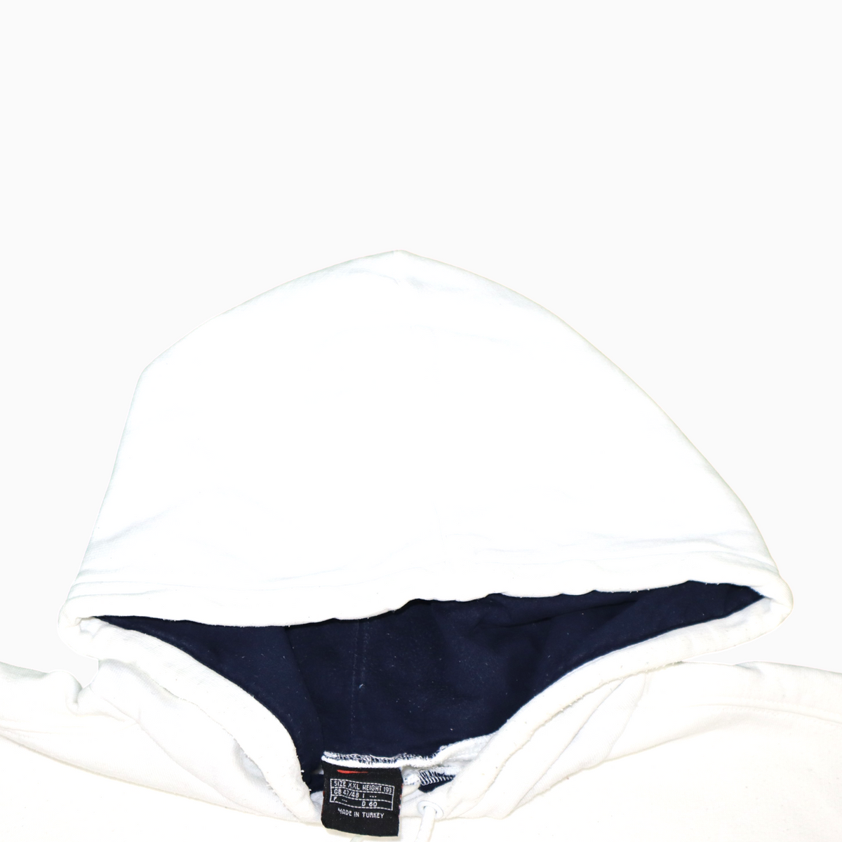 Gods Thrift Athens vintage 90s white Nike hoodie with a dark blue hood lining and interior tag detail