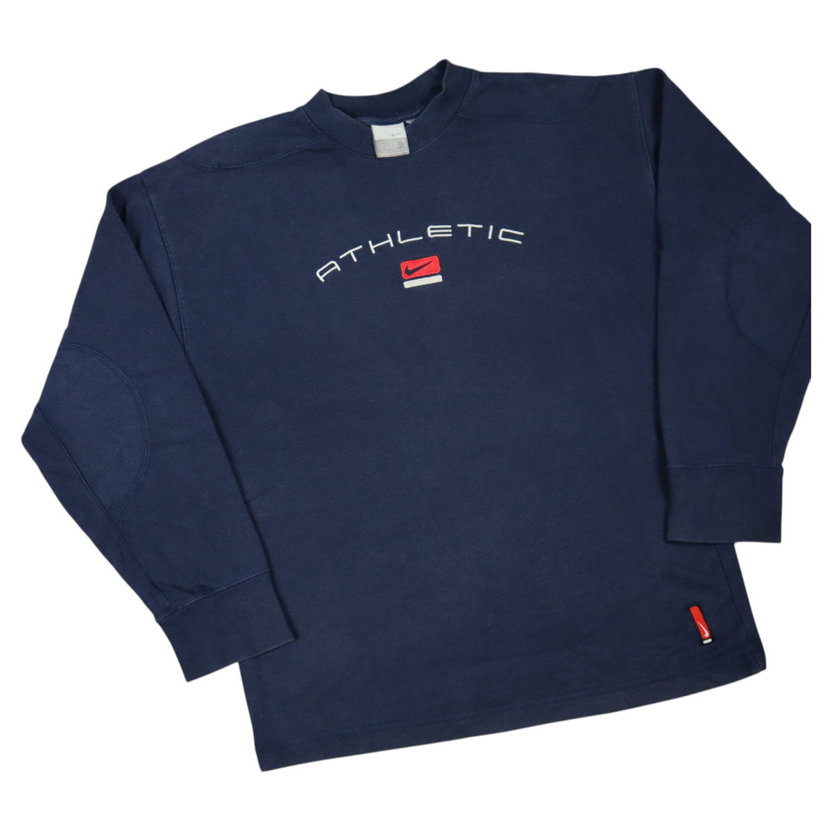 Gods Thrift Athens vintage navy blue Nike athletic crewneck sweatshirt with embroidered logo and elbow patches.