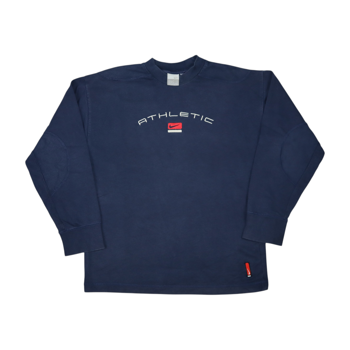 Gods Thrift Athens vintage navy blue Nike athletic crewneck sweatshirt with embroidered logo and elbow patches