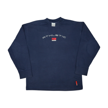 Gods Thrift Athens vintage navy blue Nike athletic crewneck sweatshirt with embroidered logo and elbow patches