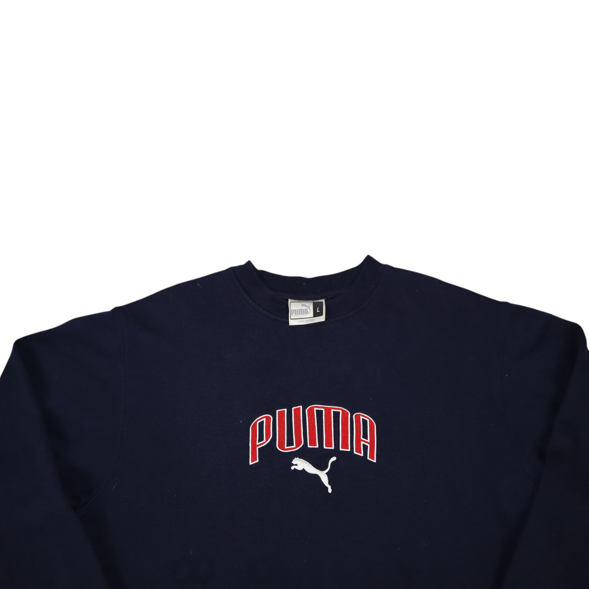 Gods Thrift Athens vintage 2000s navy blue Puma crewneck sweatshirt with red embroidered logo and white cat detail