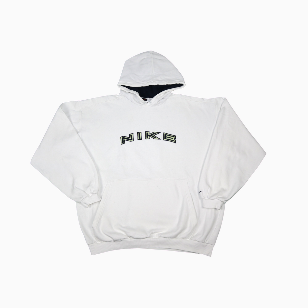 Gods Thrift Athens vintage 90s white Nike hoodie with embroidered logo, ribbed cuffs, and front kangaroo pocket.