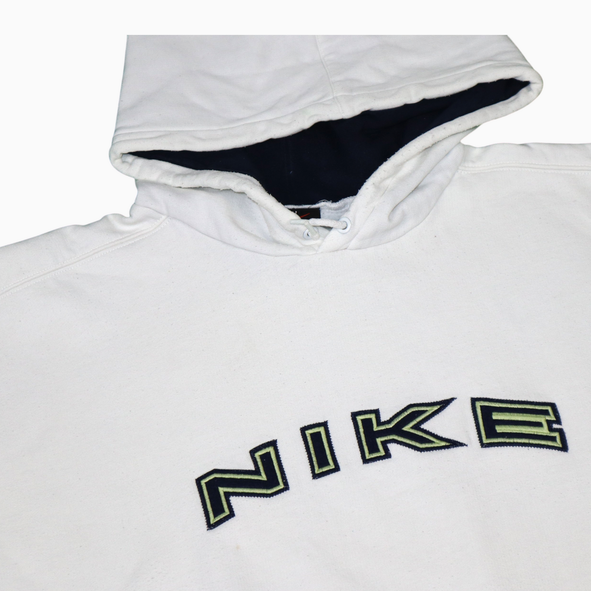 Gods Thrift Athens vintage 90s white Nike hoodie with embroidered logo and dark hood lining