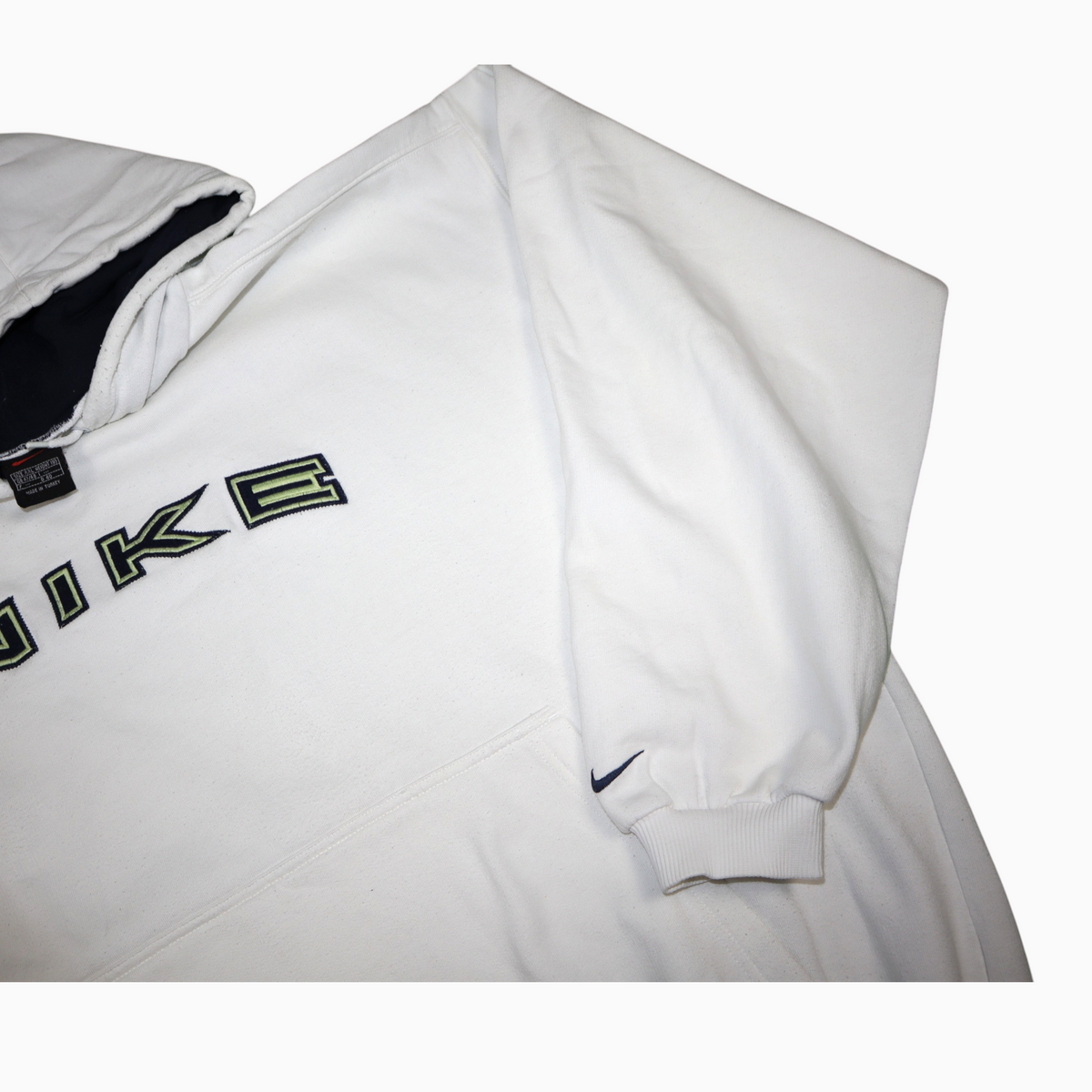 Gods Thrift Athens vintage 90s white Nike hoodie with embroidered logo and ribbed cuffs