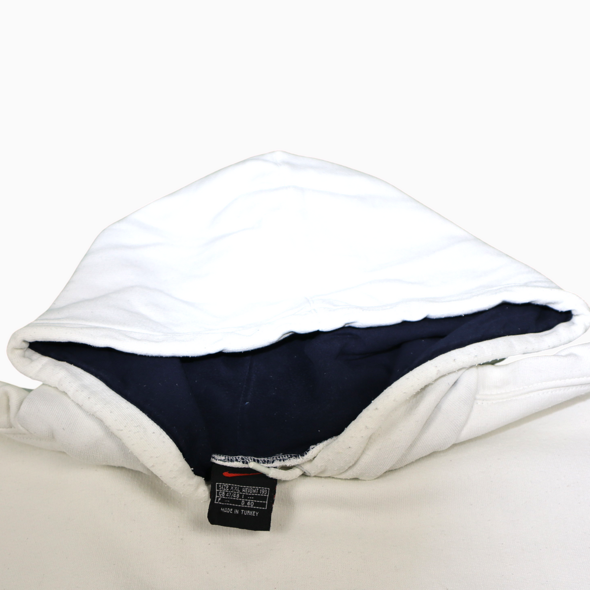 Gods Thrift Athens vintage 90s white Nike hoodie with navy blue hood lining and interior size tag